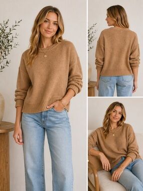 Jenni Kayne Camel Chunky Knit Sweater Cotton Linen Boxy Crewneck Size S